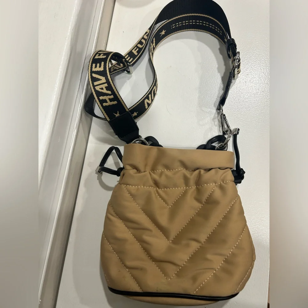 Zara tan quilted crossbody bag with black strap